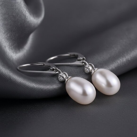 Pearl Drop CZ Crystal Accent Silver Tone Delicate Fashion Earrings NWOT - Picture 4 of 8